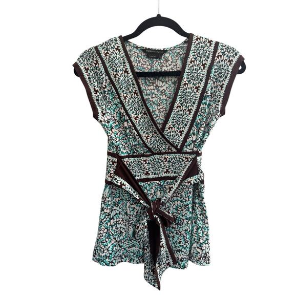 BCBG MaxAzria XS Aqua Brown Floral print faux wrap tie top #4487 - Picture 1 of 12